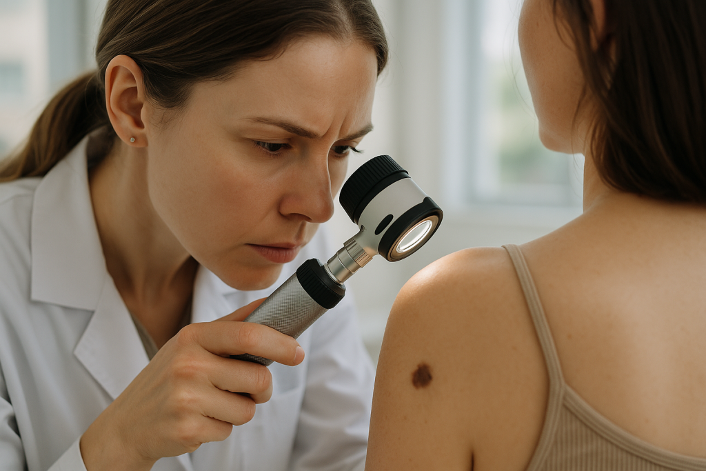 Dermatolog pregledava sumnjivi madež dermatoskopom