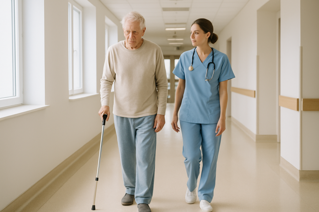 Pacijent uz pratnju medicinske sestre tijekom ranog oporavka u bolničkom hodniku